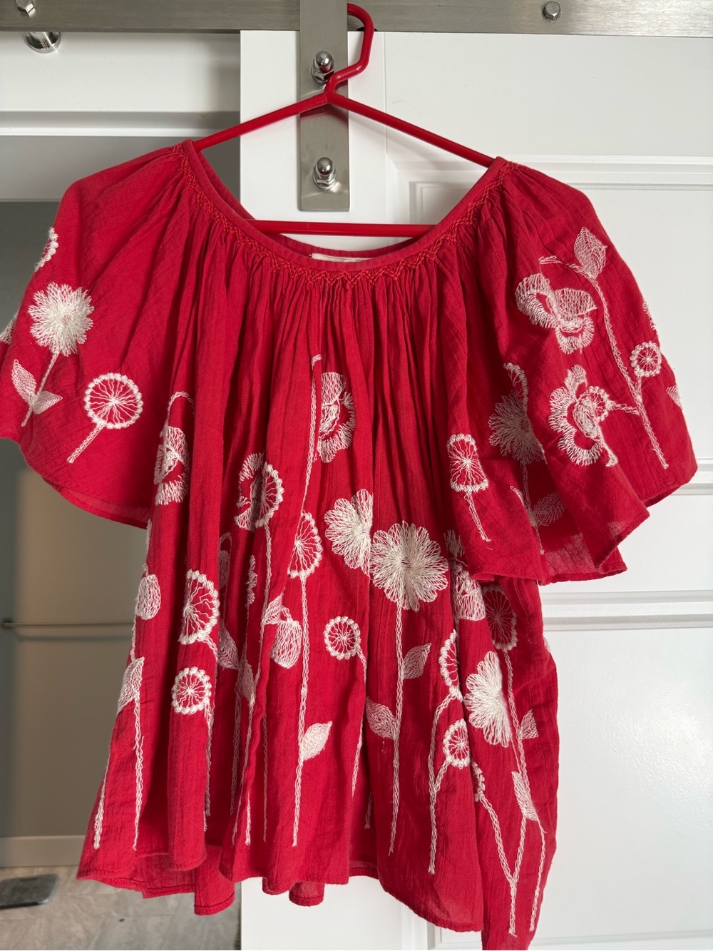 THE GREAT. Red Embroidered Floral Blouse